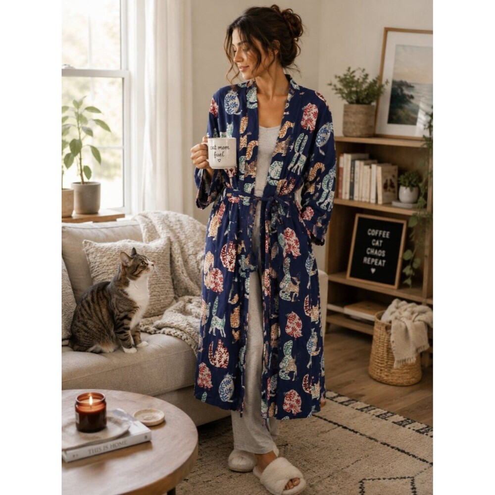 World Market 100% Cotton Blue Cat animal l Print Belted Kimono Robe One Size NWT